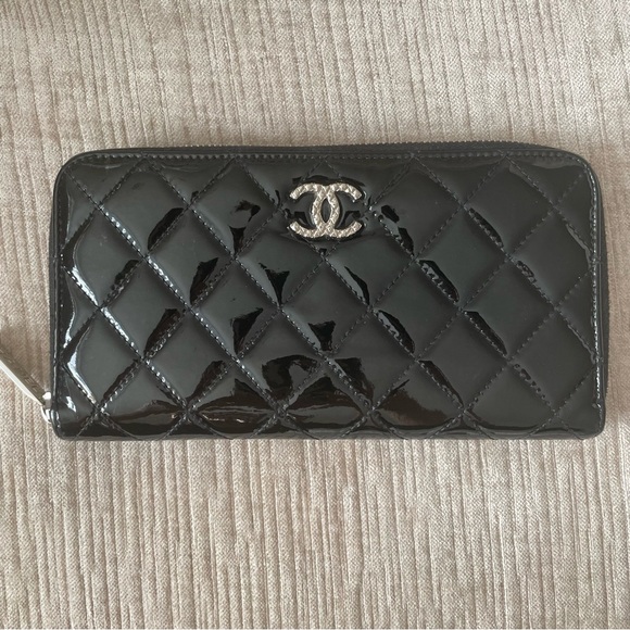 CHANEL Handbags - Chanel Quilted Patent Brilliant Zip Around Wallet Black